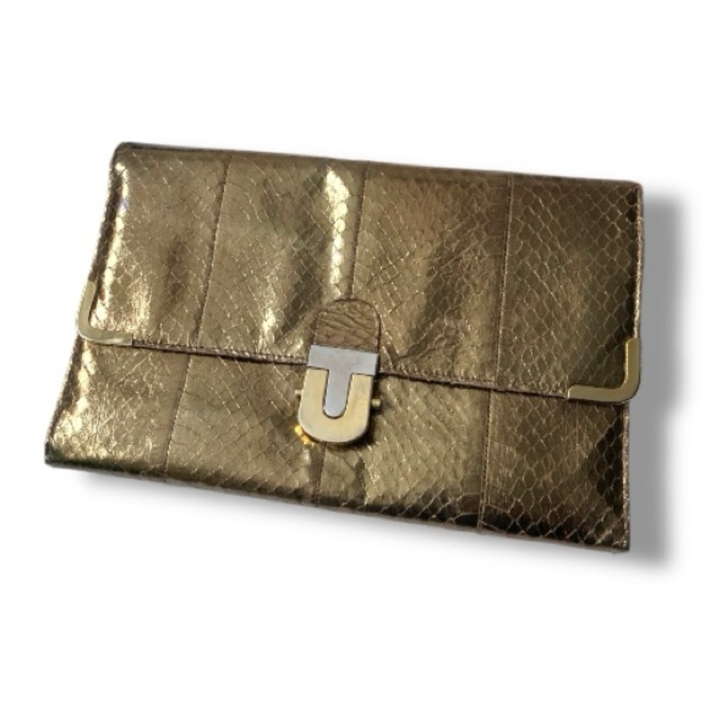 Vintage Santi Canada Elegant Faux Leather Snake Print Studio 54 Gold Clutch Bag